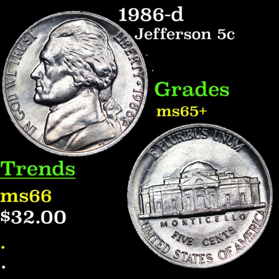 1986-d Jefferson Nickel 5c Grades GEM+ Unc