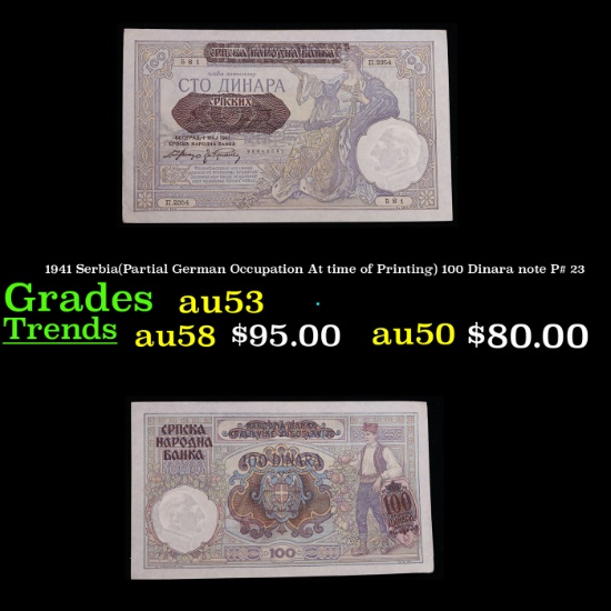 1941 Serbia(Partial German Occupation At time of Printing) 100 Dinara note P# 23 Grades Select AU