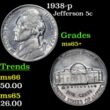1938-p Jefferson Nickel 5c Grades GEM+ Unc