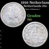 1916 Netherlands 25 Cents Silver KM# 146 Grades f+
