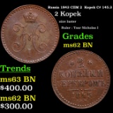 Russia 1843 ??? 2  Kopek C# 145.3 Graded ms62 BN