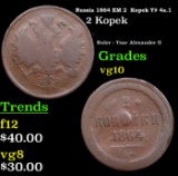 Russia 1864 E? 2  Kopek Y# 4a.1 Grades vg+