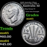 1943D Australia 3 Pence (Threepence) Silver KM# 37 Grades GEM Unc