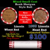 Mixed small cents 1c orig shotgun roll, 1939-p Lincoln Cent, Wheat Cent other end, Brinks Wrapper.