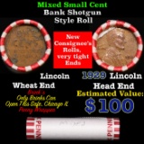 Mixed small cents 1c orig shotgun roll, 1929-p Wheat Cent, Wheat Cent other end, Brinks Wrapper.