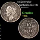 1944P Netherlands 10 Cents Silver KM# 163 Grades vf++