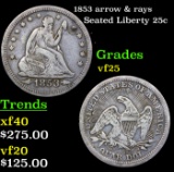 1853 arrow & rays Seated Liberty Quarter 25c Grades vf+