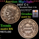 ***Auction Highlight*** 1857 Braided Hair Half Cent C-1 1/2c Graded ms64 bn By SEGS (fc)