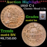 ***Auction Highlight*** 1810 Classic Head half cent C-1 1/2c Graded ms64 BN BY SEGS (fc)
