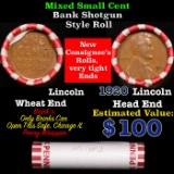 Mixed small cents 1c orig shotgun roll, 1920-p Lincoln Cent, Wheat Cent other end, Brinks Wrapper.