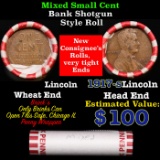 Mixed small cents 1c orig shotgun roll, 1917-s Lincoln Cent, Wheat Cent other end, Brinks Wrapper.
