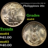 1944D Philippines 20 Centavos Silver KM# 182 Grades Choice Unc
