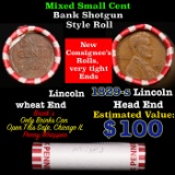 Mixed small cents 1c orig shotgun roll, 1929-s Wheat Cent, Wheat Cent other end, Brinks Wrapper.