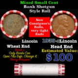 Mixed small cents 1c orig shotgun roll, 1935-s Lincoln Cent, Wheat Cent other end, Brinks Wrapper.