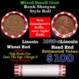 Mixed small cents 1c orig shotgun roll, 1929-s Lincoln Cent, Wheat Cent other end, Brinks Wrapper.
