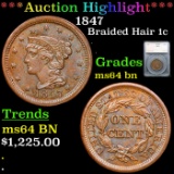 ***Auction Highlight*** 1847 Braided Hair Large Cent 1c Graded ms64 bn BY SEGS (fc)