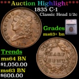 ***Auction Highlight*** 1835 Classic Head half cent C-1 1/2c Graded ms63+ bn BY SEGS (fc)