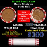 Mixed small cents 1c orig shotgun roll, 1929-s Lincoln Cent,Wheat Cent other end, Brinks Wrapper.