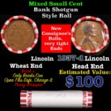 Mixed small cents 1c orig shotgun roll, 1937-d Wheat Cent, Wheat Cent other end, Brinks Wrapper.