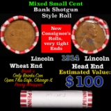 Mixed small cents 1c orig shotgun roll, 1914-p Lincoln Cent, Wheat Cent other end, Brinks Wrapper.