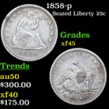 1858-p Seated Liberty Quarter 25c Grades xf+