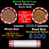 Mixed small cents 1c orig shotgun roll, 1918-d Lincoln Cent, Wheat Cent other end, Brinks Wrapper.