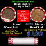 Mixed small cents 1c orig shotgun roll, 1938-p Lincoln Cent, Wheat Cent other end, Brinks Wrapper.