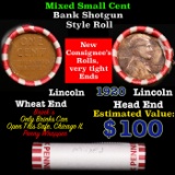 Mixed small cents 1c orig shotgun roll, 1920-p Lincoln Cent, Wheat Cent other end, Brinks Wrapper.