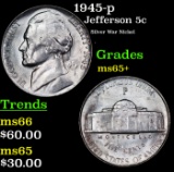 1945-p Jefferson Nickel 5c Grades GEM+ Unc