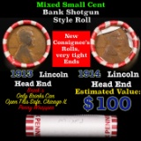 Mixed small cents 1c orig shotgun roll, 1913-p one end & 1914-p other  Lincoln Cent, Wheat Cent ot