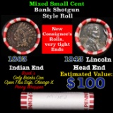 Mixed small cents 1c orig shotgun roll, 1943-p Steel Lincoln Cent, 1863 Indian Cent other end, Brink
