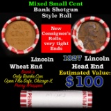 Mixed small cents 1c orig shotgun roll, 1929-p Wheat Cent, 1893 Indian Cent other end, Brinks Wrappe