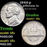1944-p Jefferson Nickel 5c Grades GEM+ 5fs