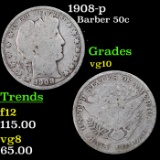 1908-p Barber Half Dollars 50c Grades vg+