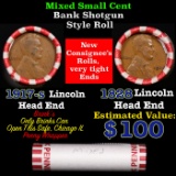 Mixed small cents 1c orig shotgun roll, 1928-p Wheat Cent, 1917-s Lincoln Cent other end, Brinks Wra