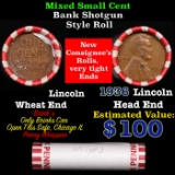 Mixed small cents 1c orig shotgun roll, 1936-p Wheat Cent, Wheat Cent other end, Brinks Wrapper.