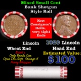 Mixed small cents 1c orig shotgun roll, 1920-p Wheat Cent, Wheat Cent other end, Brinks Wrapper.