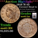 ***Auction Highlight*** 1818 Coronet Head Large Cent N-10 1c Graded ms63 bn BY SEGS (fc)