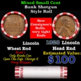 Mixed small cents 1c orig shotgun roll, 1928-p Wheat Cent,Wheat Cent other end, Brinks Wrapper.