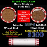 Mixed small cents 1c orig shotgun roll, 1917-d Wheat Cent, Wheat Cent other end, Brinks Wrapper.