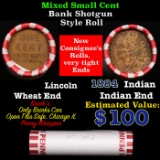 Mixed small cents 1c orig shotgun roll,  Wheat Cent, 1884 Indian Cent other end, Brinks Wrapper.