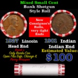 Mixed small cents 1c orig shotgun roll, 1927-p Lincoln Cent, 1901 Indian Cent other end, Brinks Wrap