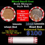 Mixed small cents 1c orig shotgun roll, 1943-p Lincoln Cent, Wheat Cent other end, Brinks Wrapper.
