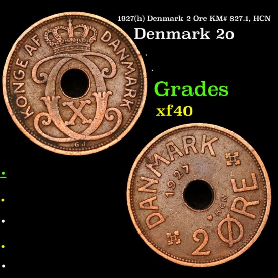 1927(h) Denmark 2 Ore KM# 827.1, HCN Grades xf