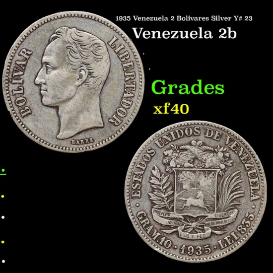 1935 Venezuela 2 Bolivares Silver Y# 23 Grades xf