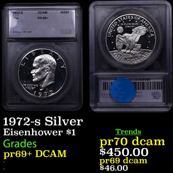 Proof 1972-s Silver Eisenhower Dollar $1 Graded ms69+ dmpl By SEGS