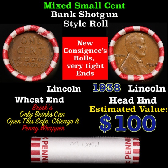 Mixed small cents 1c orig shotgun roll, 1938-p Lincoln Cent, Wheat Cent other end, Brinks Wrapper.