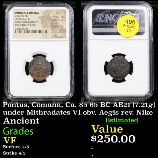 NGC Pontus, Comana, Ca. 85-65 BC AE21 (7.21g) under Mithradates VI obv. Aegis rev. Nike Graded VF By