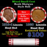 Mixed small cents 1c orig shotgun roll, 1916-d Lincoln Cent, 1920 Lincoln Cent other end, Brinks Wra