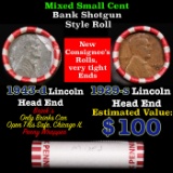 Mixed small cents 1c orig shotgun roll, 1929-s Wheat Cent, 1943-d Steel Lincoln Cent other end, Brin